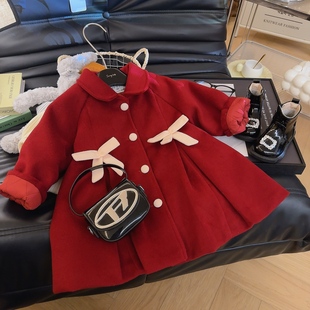 女童蝴蝶结中国红翻领时髦呢子年服外套2025冬季 BWB075鱼 新款