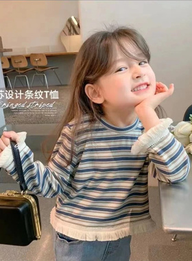 【现】女童韩系时尚百搭流苏设计条纹T恤打底衫2026春款朵儿011