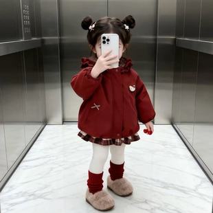 K620沫 新款 女童甜美加厚保暖格子花边连帽开衫 棉服外套2025冬季