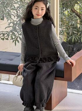 女童韩系时髦套装纯色马甲花边束脚裤套装2026春季LB新款LB022