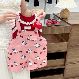 26010稚 新款 女童花边休闲背心可爱卡通背带裤 两件套2026夏季
