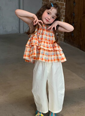 女童设计感格子双层花边背心裤子两件套装2026夏季新款AXC082鱼