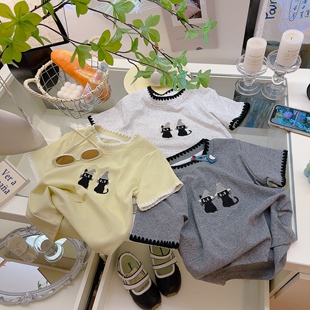 MT130 MT新款 女童钩花小猫可爱风萌趣刺绣卡通短袖 T恤2026夏季