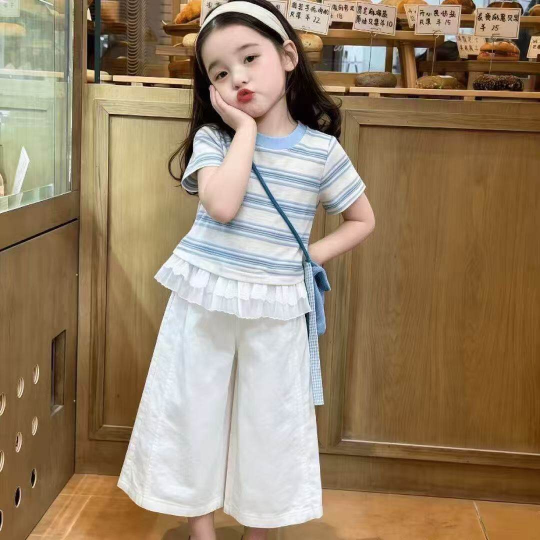 女童休闲条纹蕾丝边短袖纯色阔腿裤两件套2026夏季新款DBN014呗