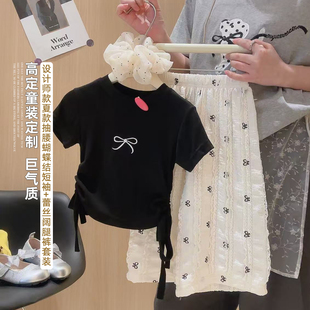 阔腿裤 女童蝴蝶结刺绣蕾丝百搭短袖 现 B08 2026夏季 MXD新款 套装