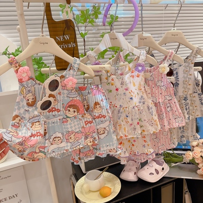 女童甜美印花吊带裙短款碎花背心短裤套装2025夏季新款朵儿045