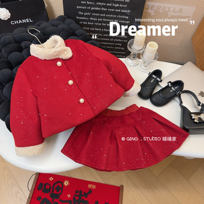 小香风立领加厚外套百褶裙套装