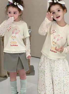 女童可爱风兔子印花波点假两件上衣2026夏季新款DXW026王