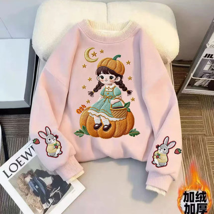 女童洋气加绒加厚印花女孩韩版圆领卫衣2025冬季新款朵儿076