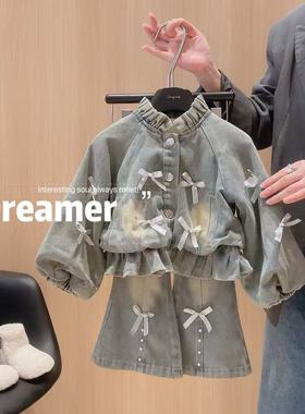 宠粉*女童蝴蝶结花苞牛仔上衣牛仔裤两件套2025秋款QC40434嘉