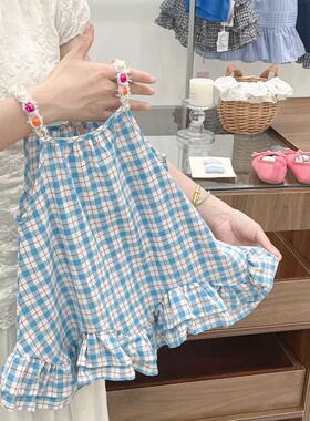 【现】女童洋气拼色格子花边吊带连衣裙2026夏季新款AXC105鱼