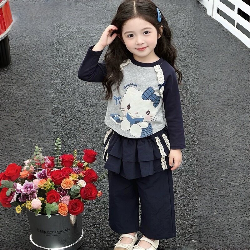 宠粉*女童花边洋气可爱卡通打底衫T恤裤子两件套2026春款1005鸥