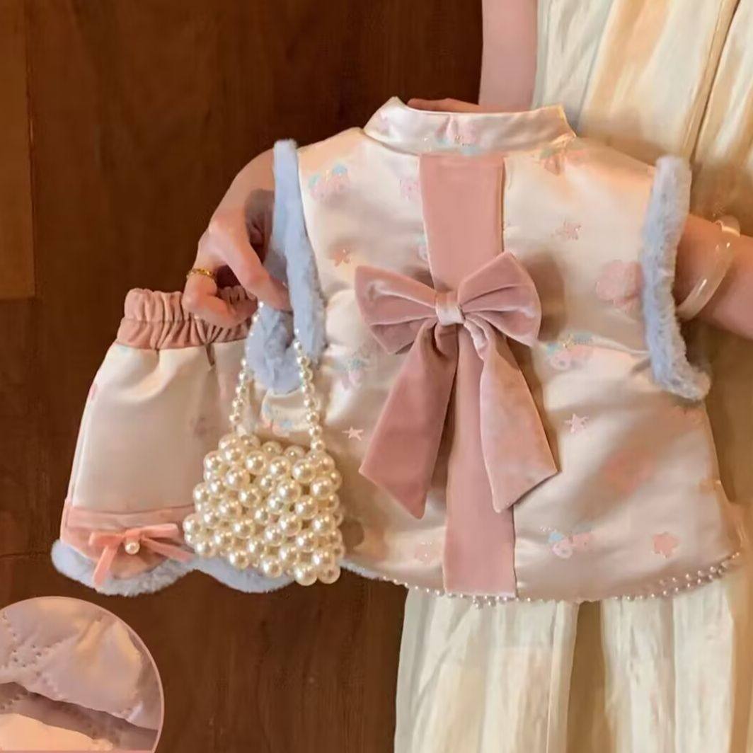 【现】女童新中式蝴蝶结提花马甲半身裙两件套2026冬QC款dong9142,童装/婴儿装/亲子装,套装,淘宝优惠券,粉丝福利购,淘宝优惠卷