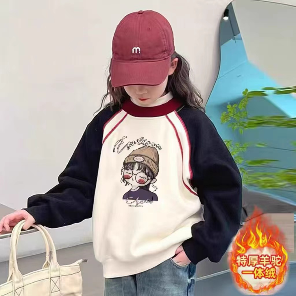 加绒长袖小女孩圆领卡通上衣