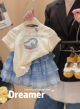 女童可爱印花花边短袖上衣裙子套装2026夏季新款AXC056鱼
