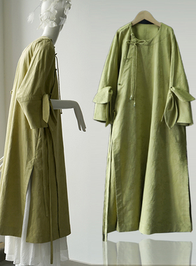 【绿萝】棉人丝提花草绿色盘扣长款夏季新中式国风连衣裙长袍平裁