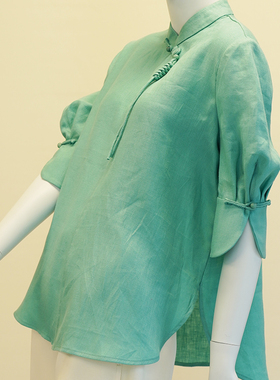 100%亚麻夏季新款天然面料舒适透气粉色绿色新中式花瓣泡泡袖衬衫