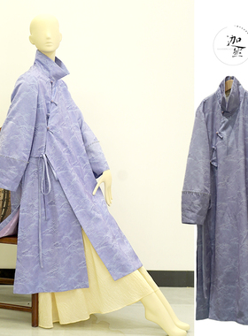 100%人丝淡紫色丁香紫炒色斜襟盘扣中长款宽松立领翻领外套风衣