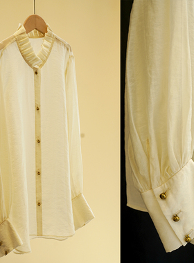 新中式天丝打底轻薄透气春夏款荷叶领泡泡袖甜美宽松衬衫