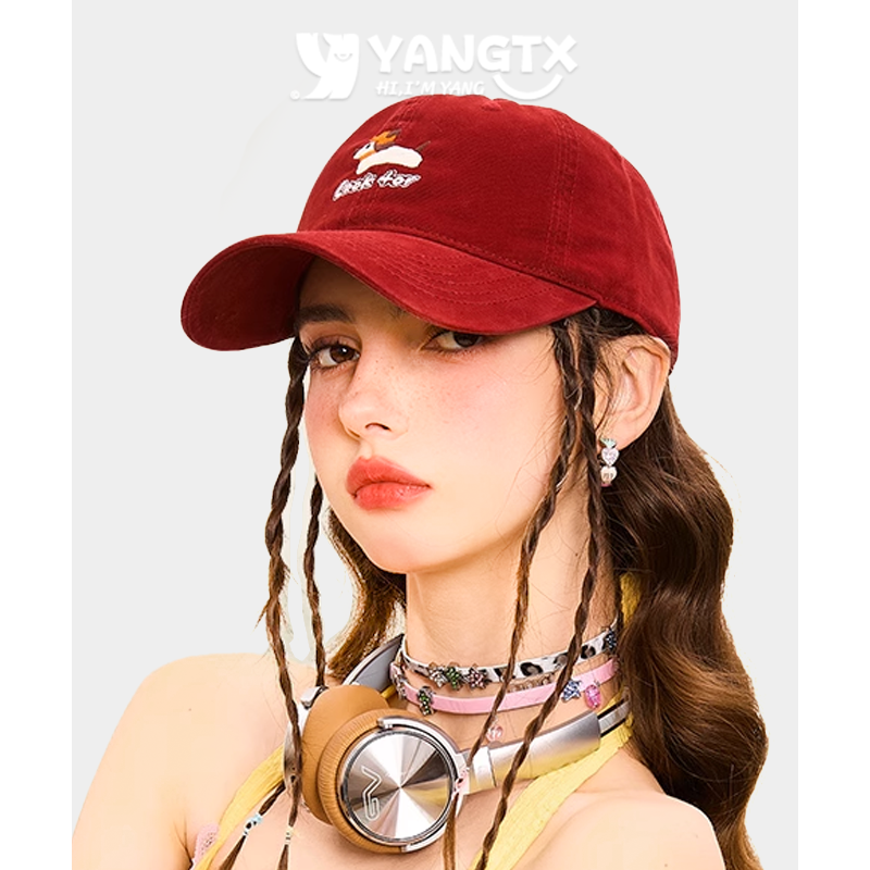 【杨同学】复古刺绣鸭舌帽女夏天网红软顶棒球帽酒红色情侣学生潮