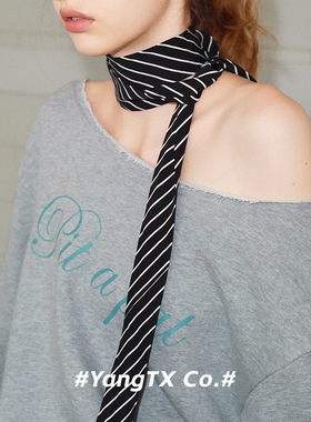 杨同学 细白条纹黑色细窄气质长条巾 韩系高级感飘带蝴蝶结领巾女
