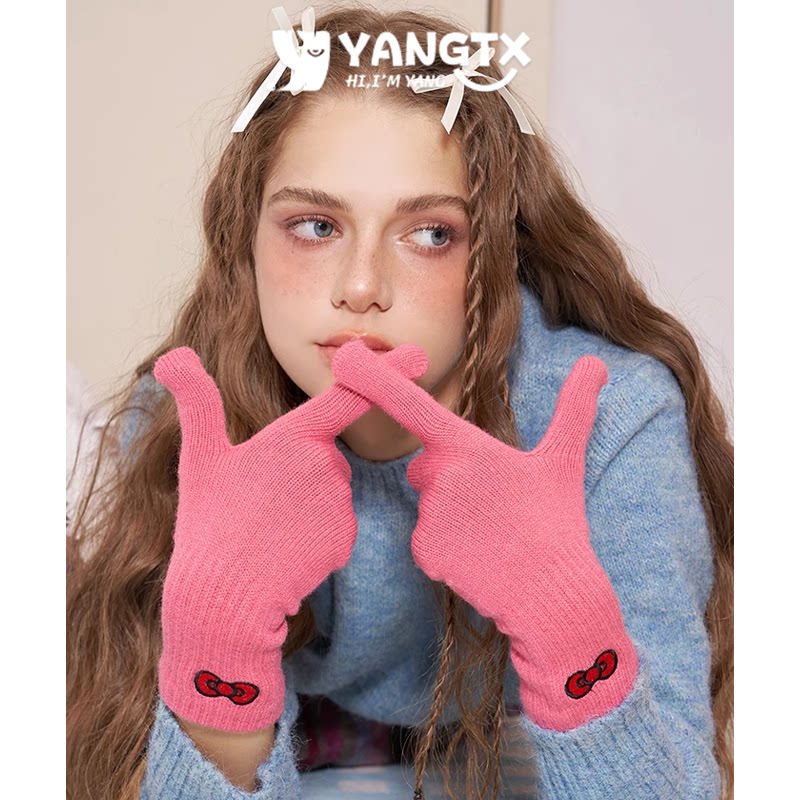 【杨同学】蝴蝶结手套女冬季新款露指触屏保暖护腕加长款毛线手套