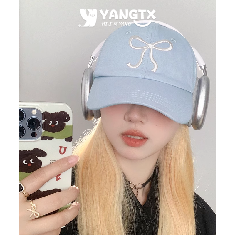 杨同学严选刺绣蝴蝶结软顶棒球帽女蓝色可爱粉大头围深顶鸭舌帽潮