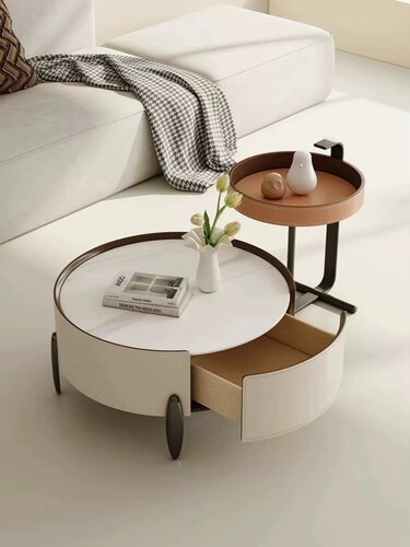 意式极简岩板大小茶几客厅家用轻奢高级感设计师马鞍皮大理石茶几