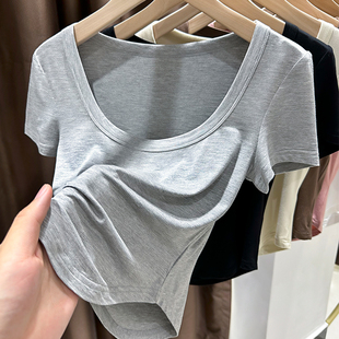 春夏针织短袖t恤女裙子内搭低领薄款打底灰色上衣0310z