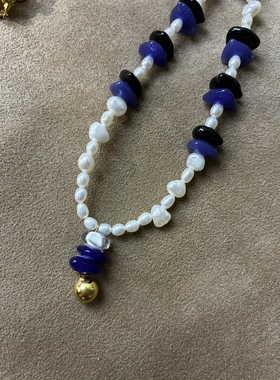 2025新款老钱风随性手工琉璃群青色巴洛克锁骨链显白珍珠项链复古