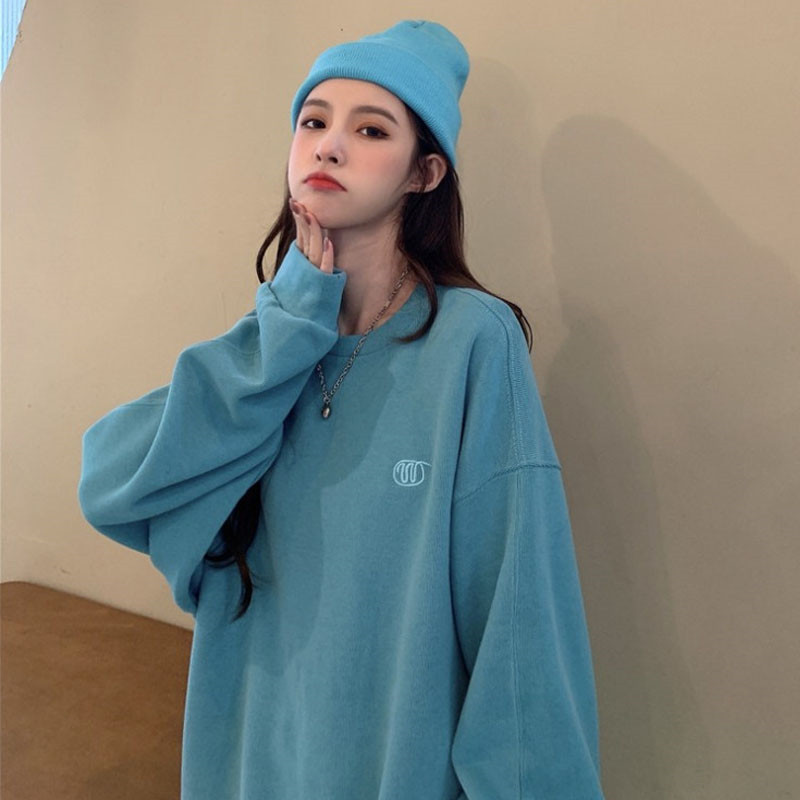 胖mm湖蓝色oversize卫衣女薄款春秋新款百搭宽松韩版外套头上衣潮
