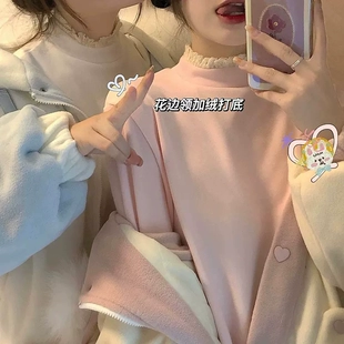 长袖 2022年新款 t恤女内搭上衣潮 胖mm秋冬季 设计感蕾丝加绒打底衫