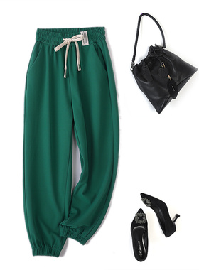 绿色裤子2022春季新款休闲显瘦薄款小个子宽松束脚垂感九分哈伦裤