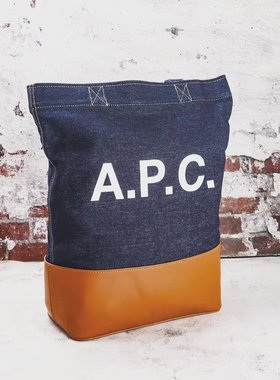 法国女士牛仔布拼皮革撞色手提单肩包购物袋APC字母大容量托特包