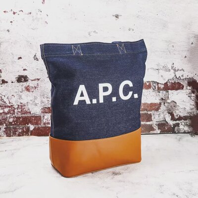 法国女士牛仔布拼皮革撞色手提单肩包购物袋APC字母大容量托特包