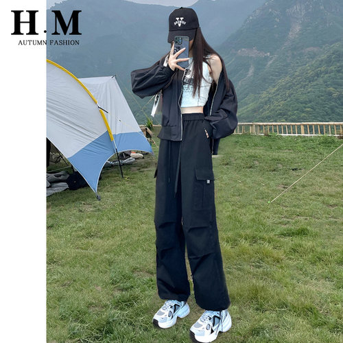 黑色工装裤女秋冬2024新款降落伞登山裤子加绒束脚美式运动阔腿裤