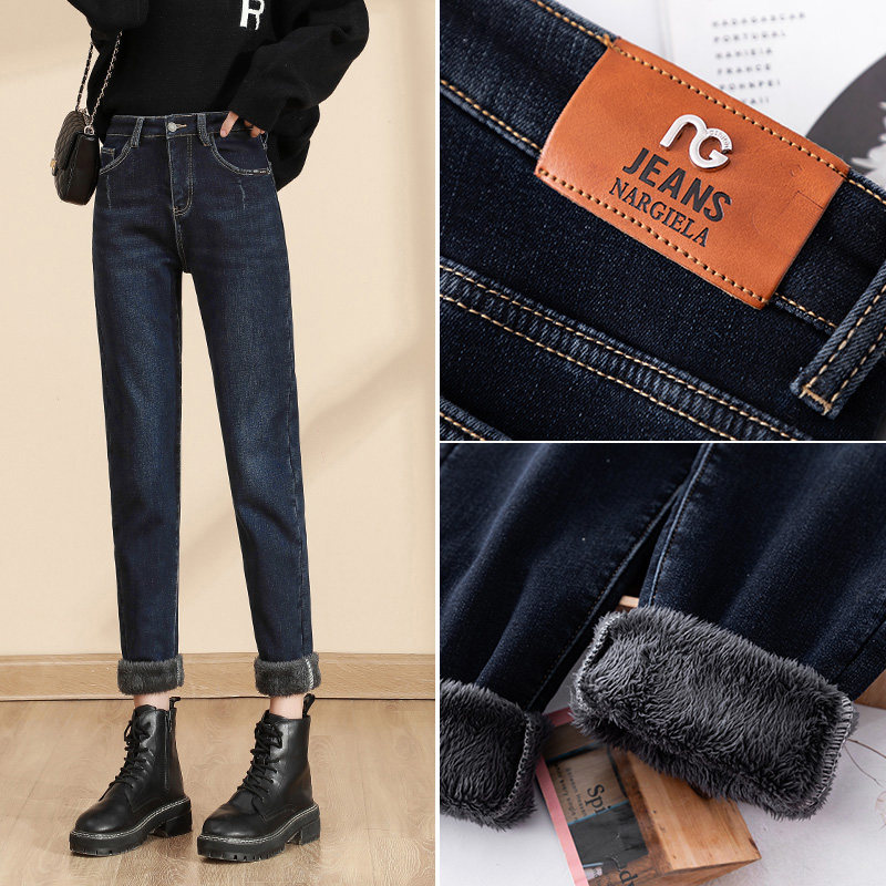 加绒牛仔裤女秋冬2021年新款羊羔绒老爹直筒宽松加厚哈伦萝卜裤子