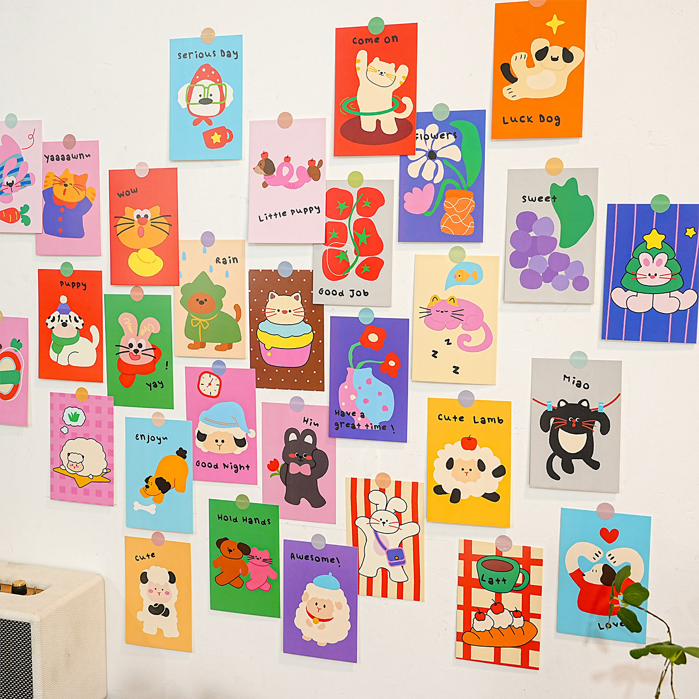 萌系动物卡通插画明信片卡片宿舍墙面遮丑装饰墙贴画床头墙壁贴纸
