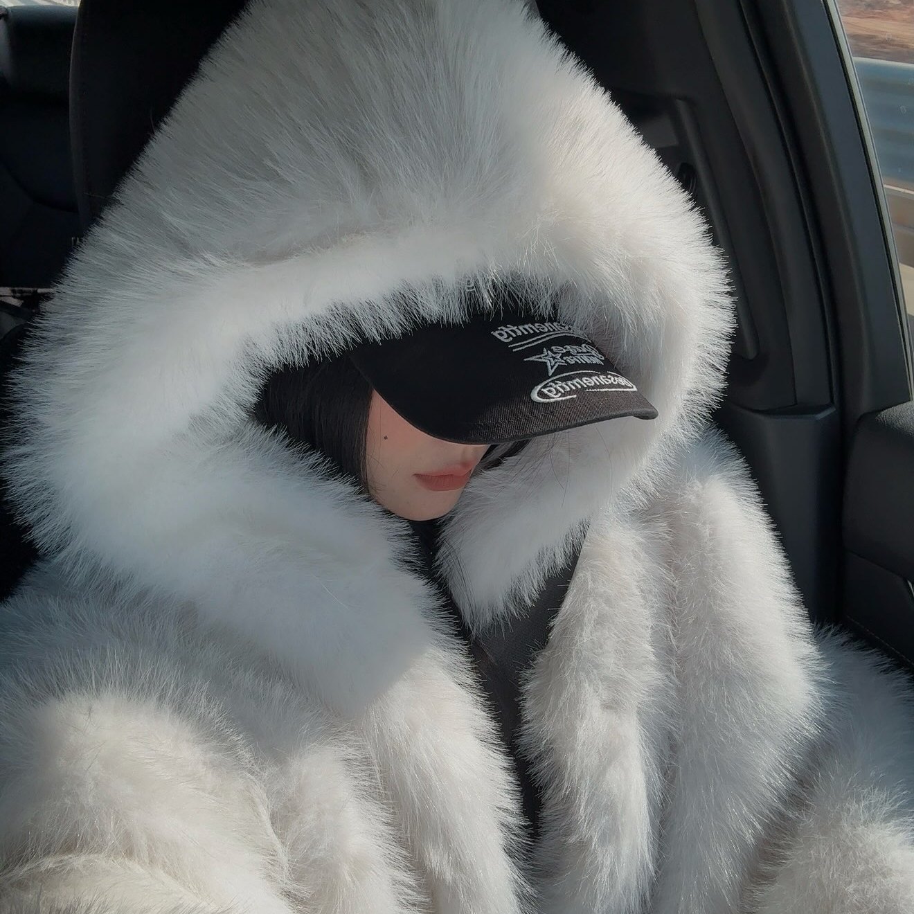 SHUISHUI白色毛毛连帽环保狐狸毛宽松外套冬季慵懒风年轻短款皮草