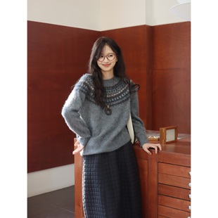 西田设｜ 羊毛羊绒拉毛大棒针提花费尔岛氛围感毛衣 雾感费尔岛