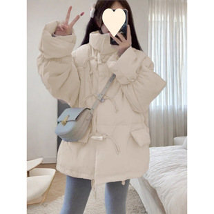 羽绒服女中长款2024韩版宽松牛角扣棉衣面包服秋冬季厚外套女款