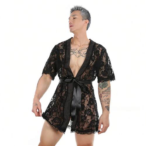男士蕾丝碎花透明睡袍