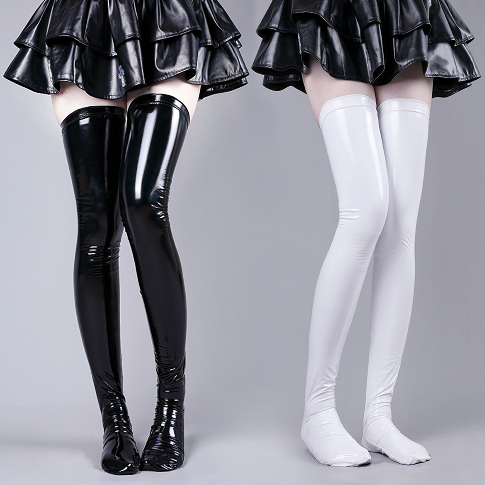 漆皮亮面乳胶过膝袜cosplay皮袜长筒袜油光性感紧身大腿袜高筒袜
