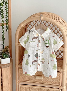 新生婴儿衣服夏季ins薄款短袖衬衫连体衣a类男宝宝哈衣短爬透气潮