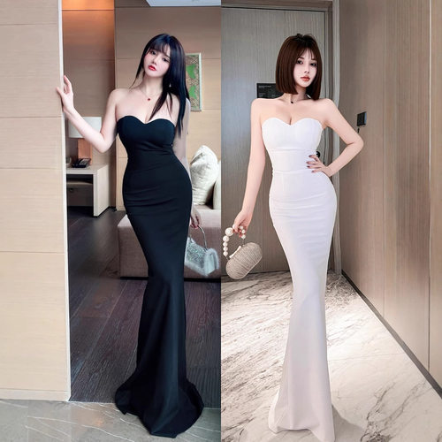 高级感V领黑色修身晚礼服