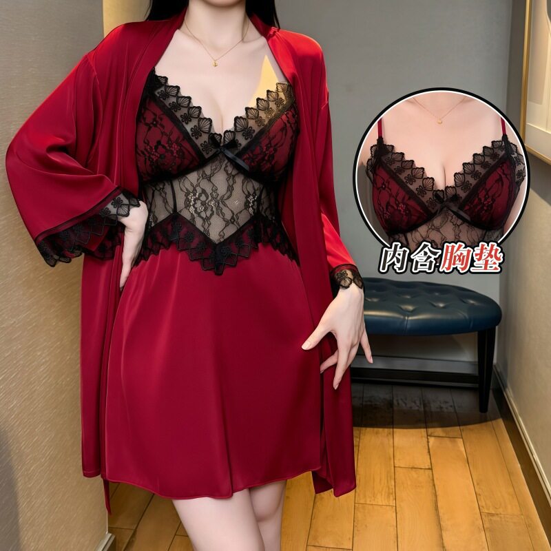 女款冰丝吊带睡裙两件套图片