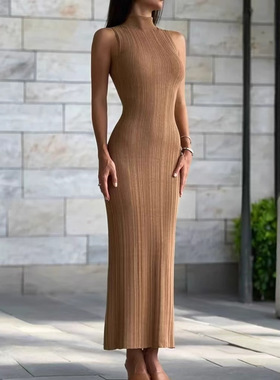 欧美性感高领无袖修身包臀连衣裙长裙 Sexy Bodycon Maxi Dress