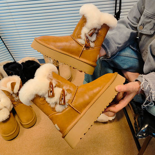 中筒保暖棉鞋 雪地靴女款 加绒加厚皮毛一体厚底面包鞋 2025新款 冬季