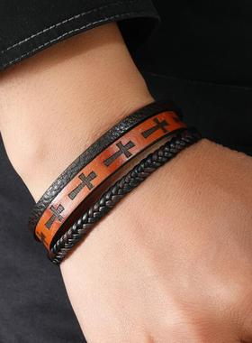 多层手工编织PU皮革十字架手链欧美男士皮绳磁铁扣手环手镯个性潮