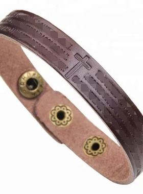 复古真牛皮十字架平安手链